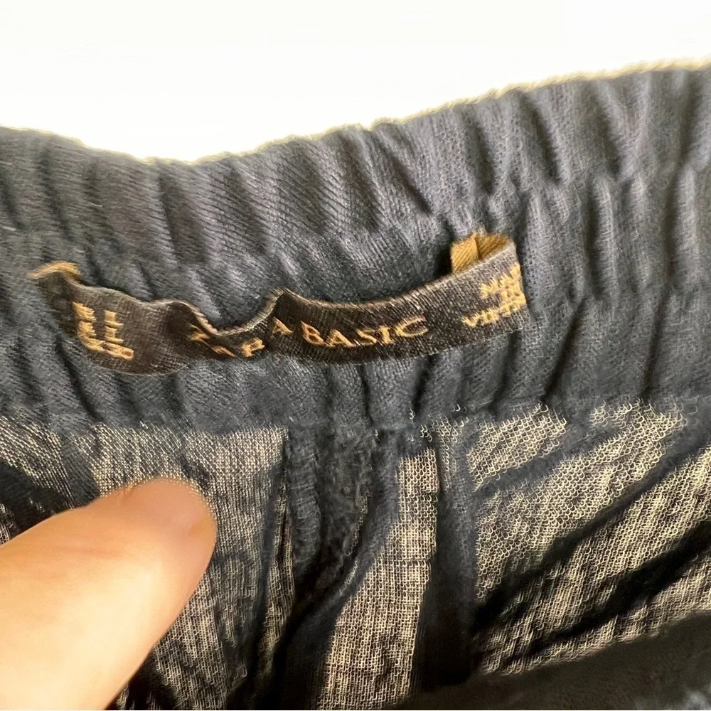 ZARA BASIC Black Linen Elastic waist Pants w/clasp & zipper Closure. Size Large